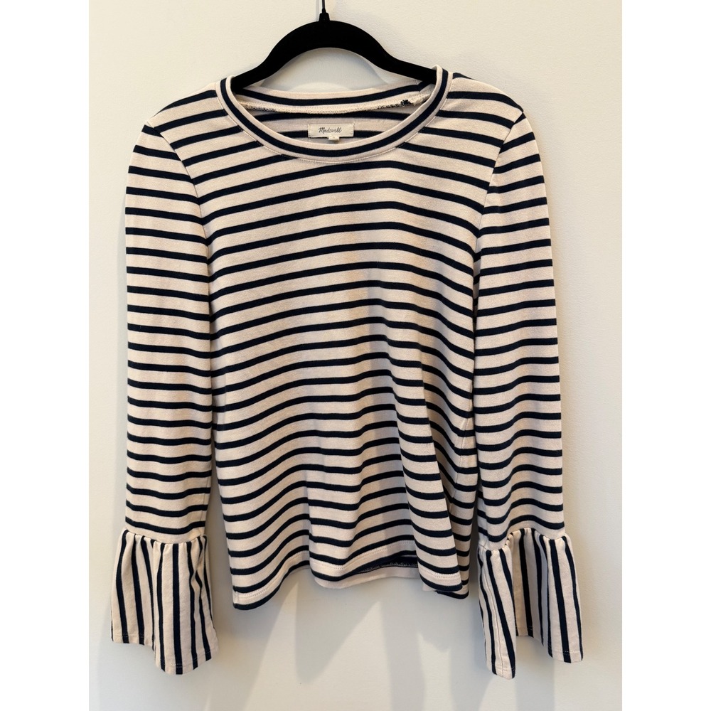 Madewell Women Navy Blue Cream Striped Ruffle Bell Sleeve Cotton Knit Top Medium